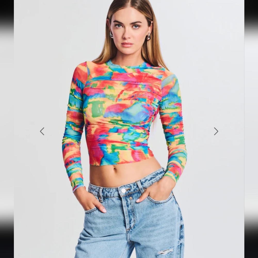 SER.O.YA Top Janey Multicolor Abstract Palm Printed Mesh Long-Sleeve Crop XS
